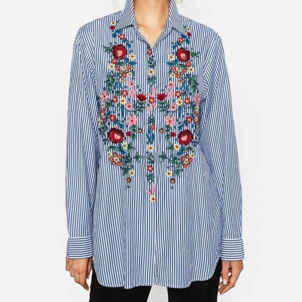 Zara striped embroidered button-down shirt